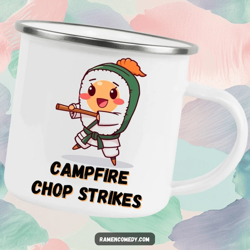 Funny happy sushi roll character doing a karate chop, enamel camping mug. Perfect funny gift for outdoor food lovers.