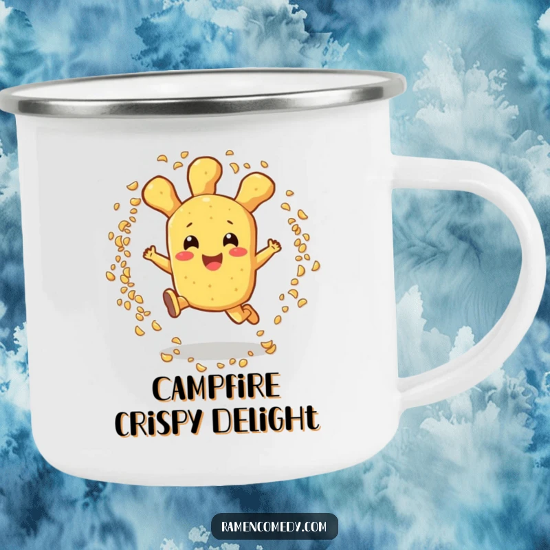 Funny tempura camping mug with an excited tempura character leaping through sesame seeds, ready for outdoor fun and humor.