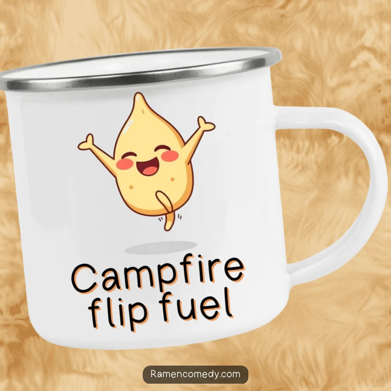 Funny camping mug featuring a smiling gyoza character performing a cartwheel with glee, perfect for outdoor meals and fun.