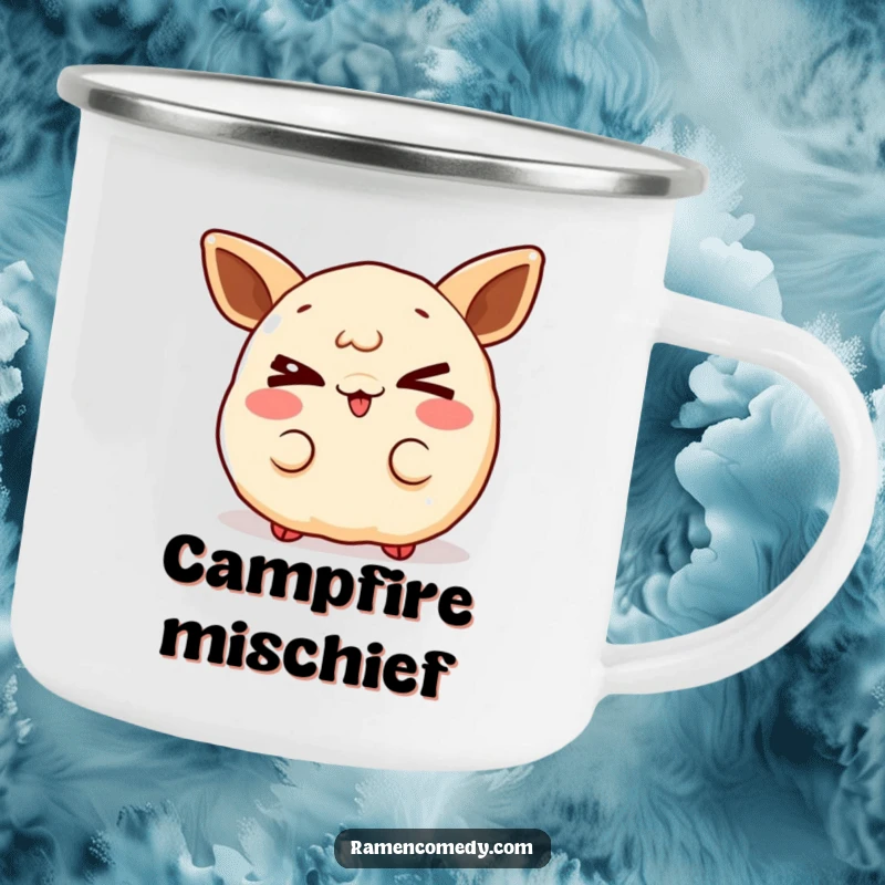 Funny gleeful gyoza camping mug, a dumpling character winking mischievously, perfect for fun outdoor drinks.