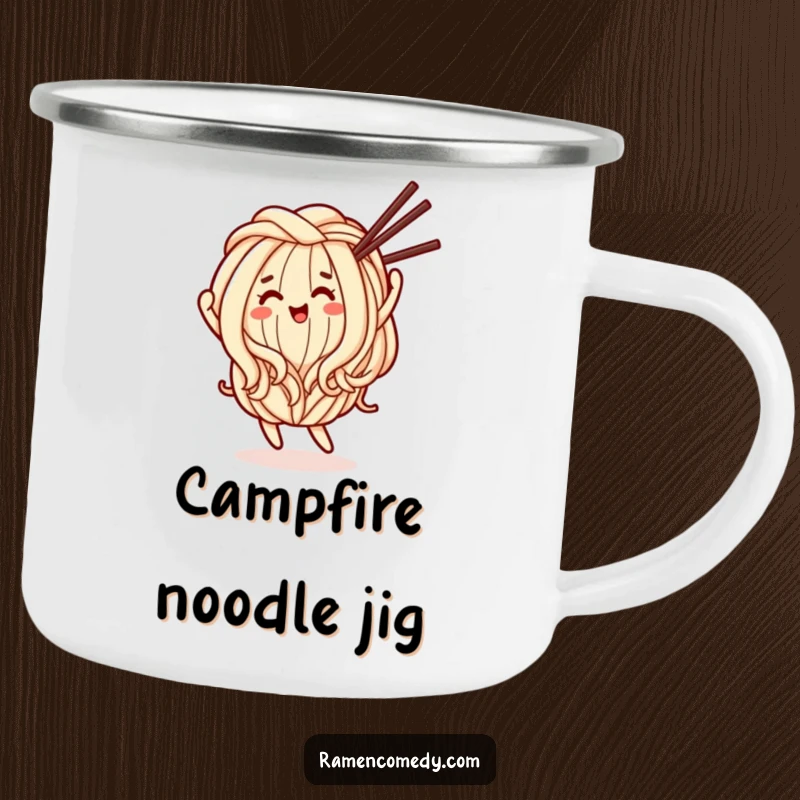 Funny Camping Mug: An enamel mug with a happy udon noodle character dancing with chopsticks.