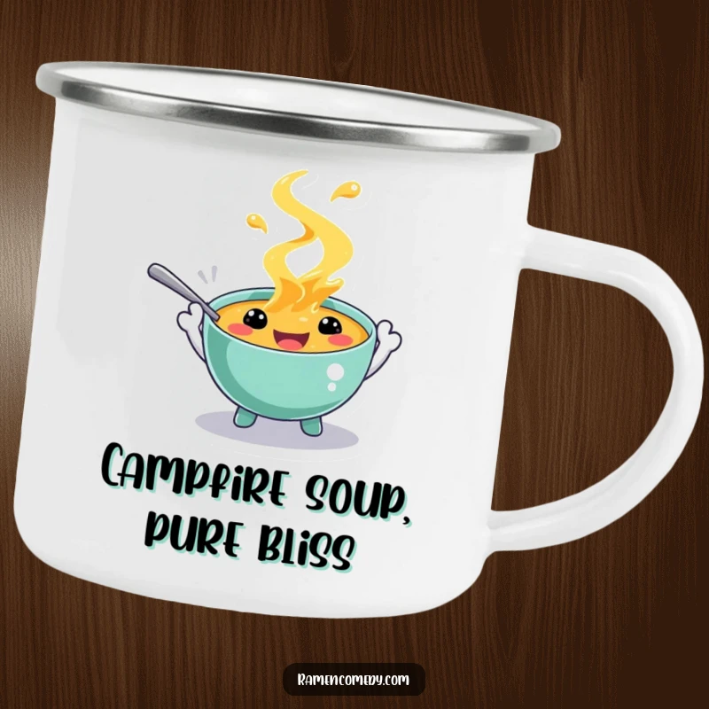 Funny camping mug with a playful soup character, spoon hands ready for a splash, enjoying the outdoors. Durable and humorous drinkware.