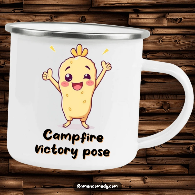 Funny Camping Mug featuring a cheerful tempura character striking a victorious pose, perfect for adventurers who appreciate humor and success.