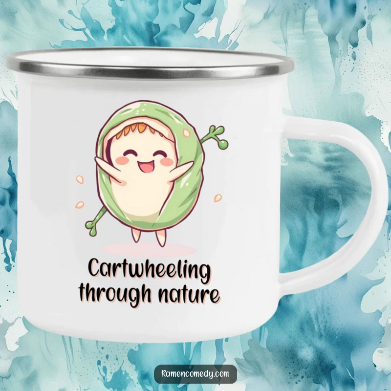 Funny Camping Mug: A grinning seaweed wrap comically does a cartwheel, designed for outdoor enjoyment and fun.