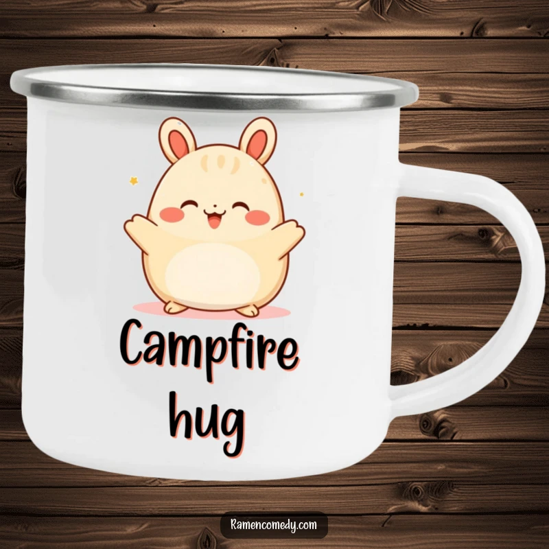 Funny happy bao bun camping mug, a character offering a warm hug, perfect for cozy outdoor drinks.