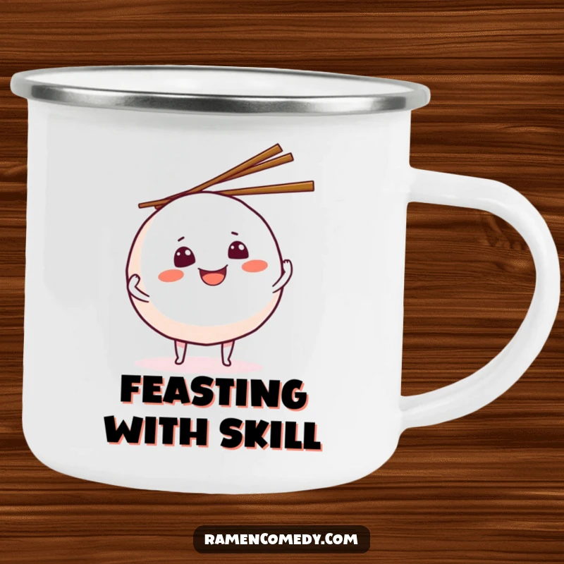 Funny grinning onigiri camping mug, a rice ball character juggling chopsticks, perfect for fun outdoor dining.
