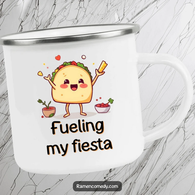 Funny camping mug featuring a taco with legs juggling ingredients, ready for outdoor escapades and hearty laughs.