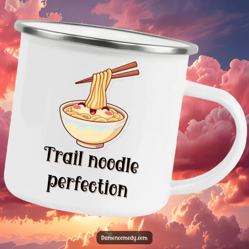 Funny camping mug featuring a cheerful ramen bowl happily waving with chopsticks, perfect for enjoying meals in the great outdoors.