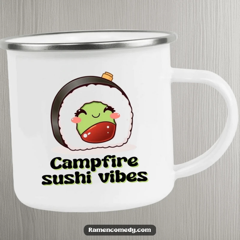 Funny camping mug featuring a sushi piece winking playfully with a miniature soy sauce bottle, perfect for enjoying meals outdoors.