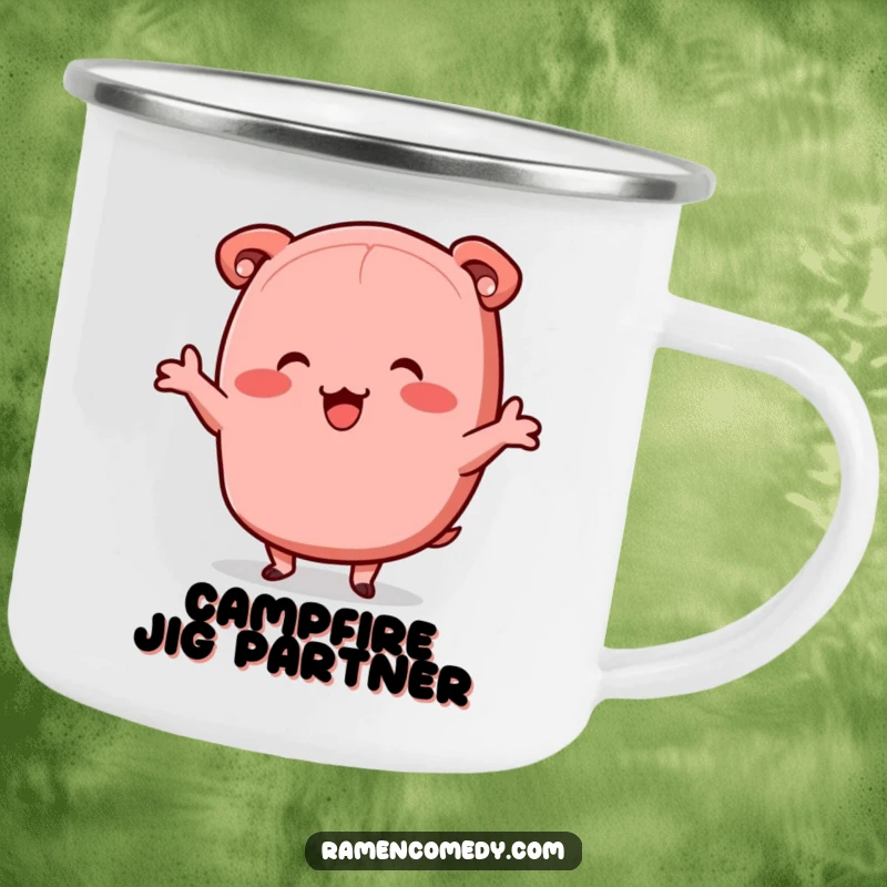 Funny chashu pork camping mug, happy dancing slice, cute ramen enamel mug.
