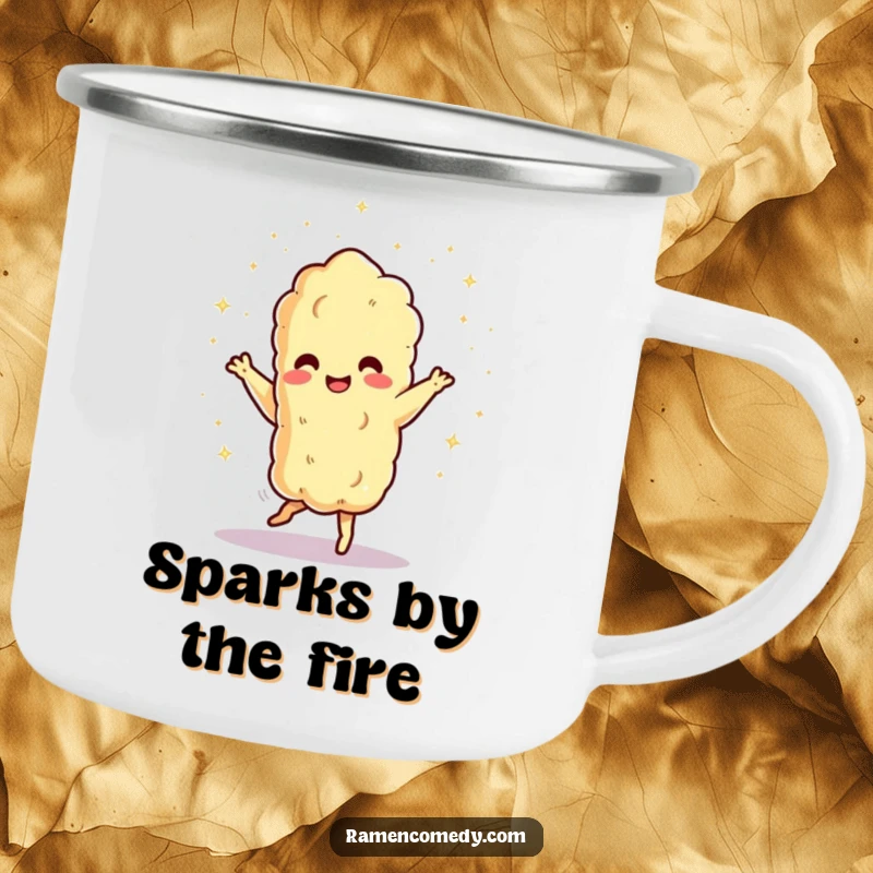 Funny dancing tempura character showering tiny sparks, enamel camping mug. Perfect funny gift for outdoor food lovers.