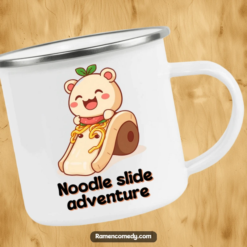 Funny Camping Mug: A smiling bao bun hilariously slides down a noodle slide, designed for outdoor fun.