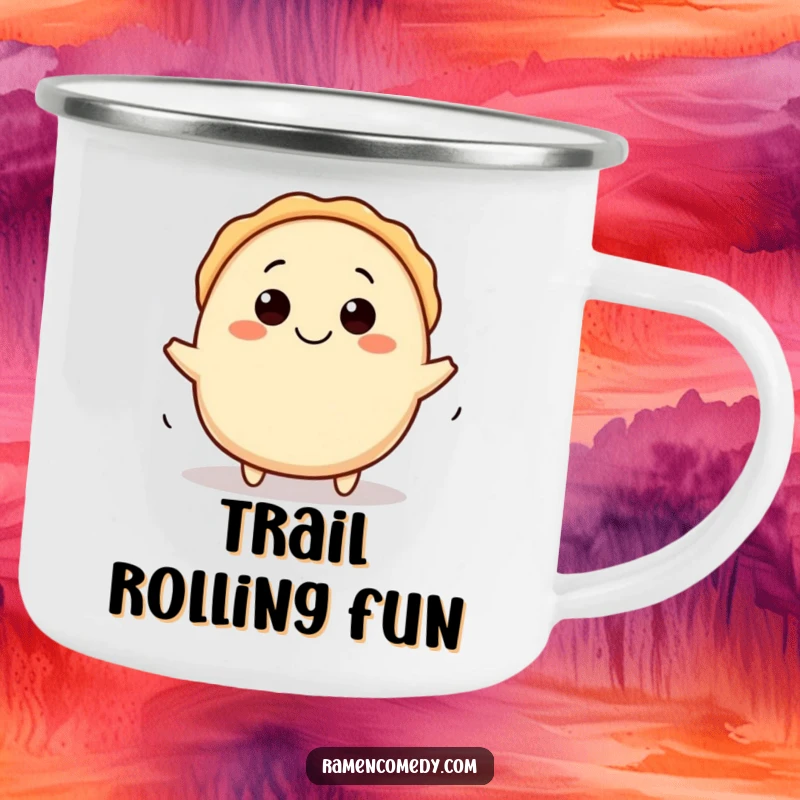Funny gyoza camping mug with a happy character rolling happily, perfect for outdoor enjoyment and humor.