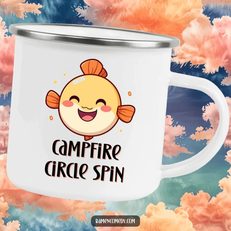 Funny narutomaki camping mug, cheerful spinning fish cake, cute ramen enamel mug.