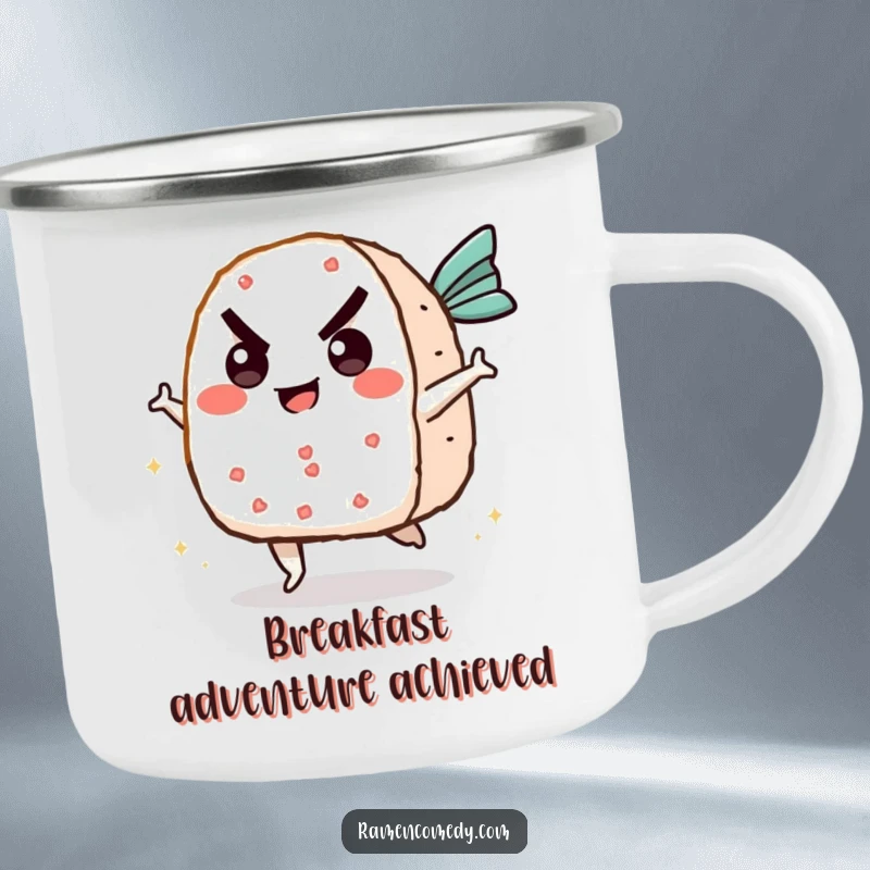 Funny onigiri camping mug showing a determined rice ball character kicking a flying fish cake, built for outdoor fun and laughter.