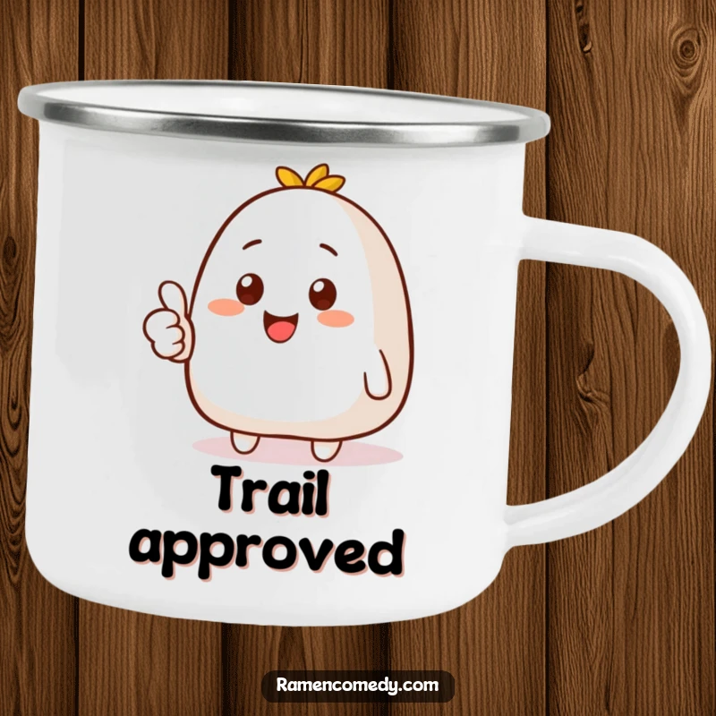 Funny camping mug with a happy onigiri character giving a thumbs up, designed for outdoor enthusiasts who appreciate positivity.