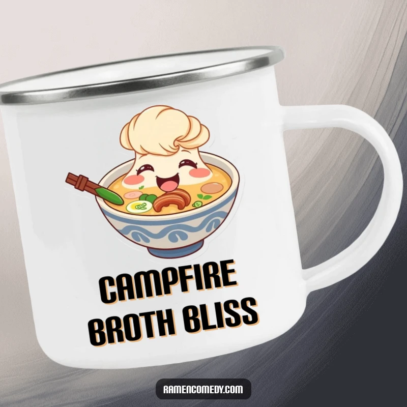Funny ramen broth camping mug, smiling character beaming from bowl, cute soup enamel mug.