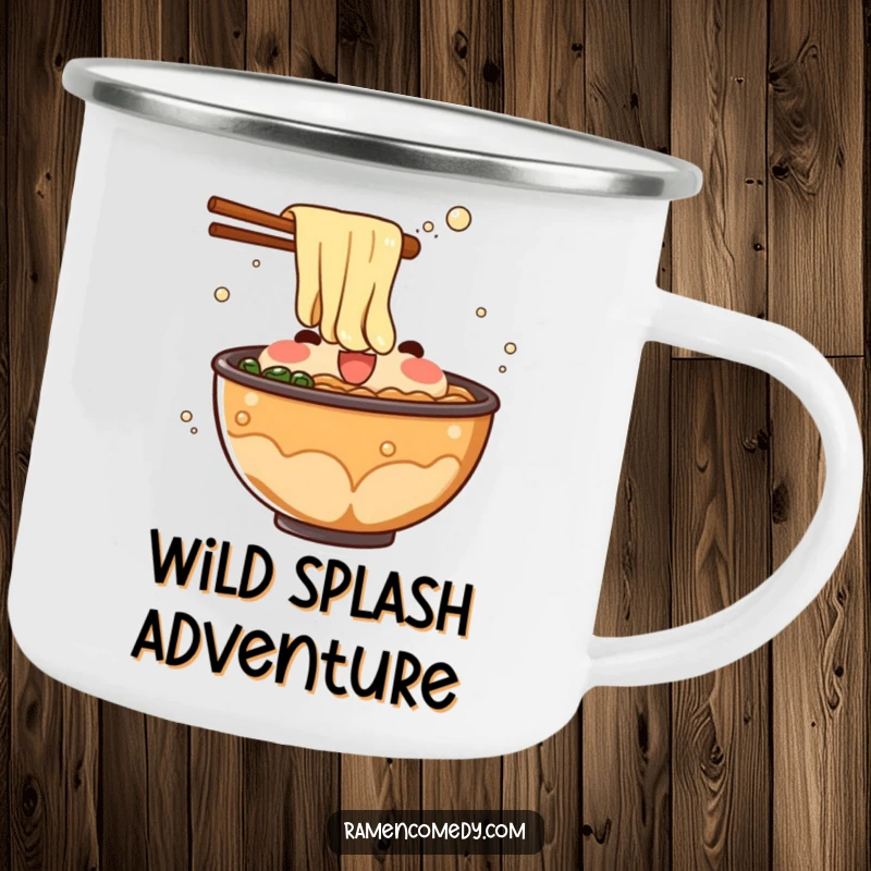 Funny ramen broth camping mug showing a bubbling character splashing, perfect for outdoor use and adding humor to drinks.