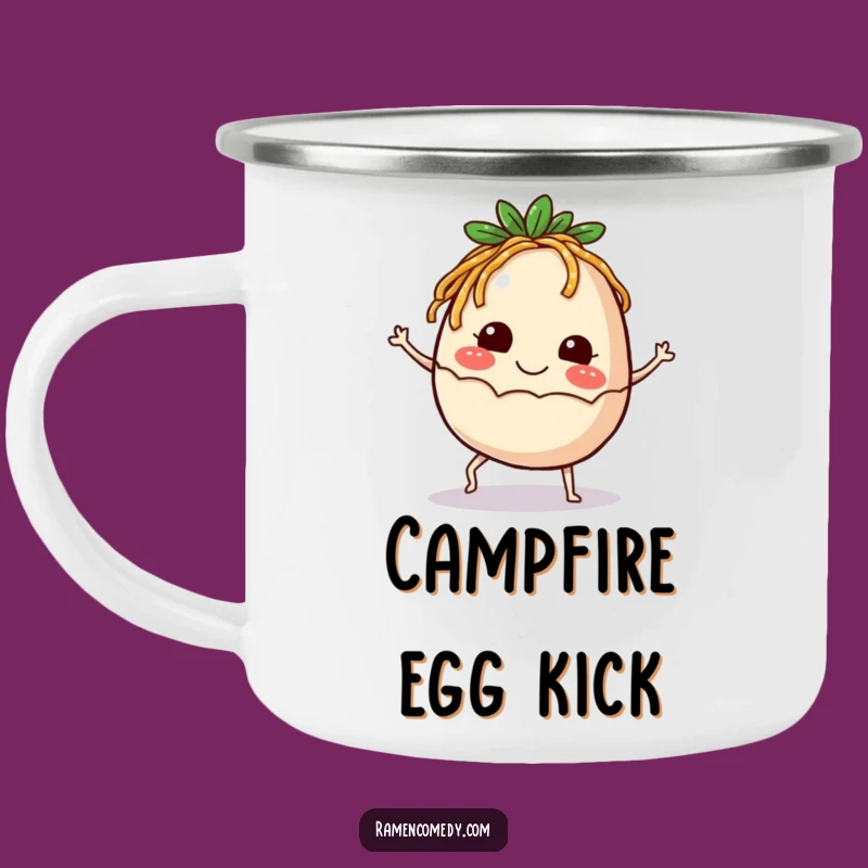 Funny Ramen Egg Camping Mug: Happy Kicking Egg Drinkware, Humorous Gift