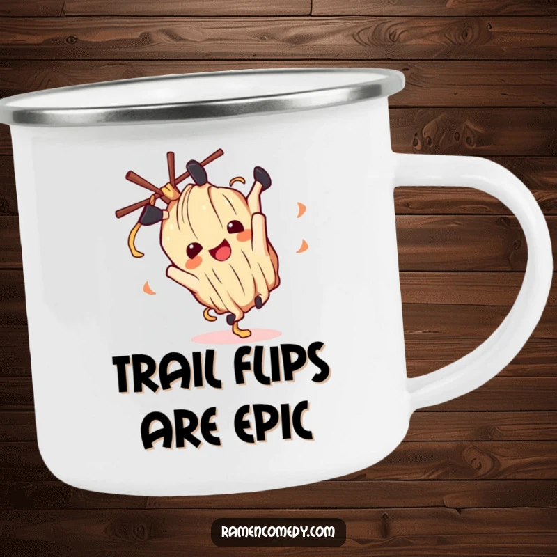 Funny ramen noodle character mid-somersault on a durable camping mug, ready for any outdoor escapade.
