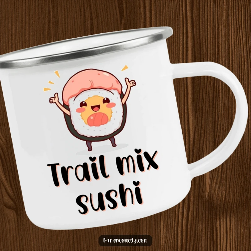 Funny camping mug with a smiling sushi roll character performing a celebratory dance, ideal for outdoor enjoyment.