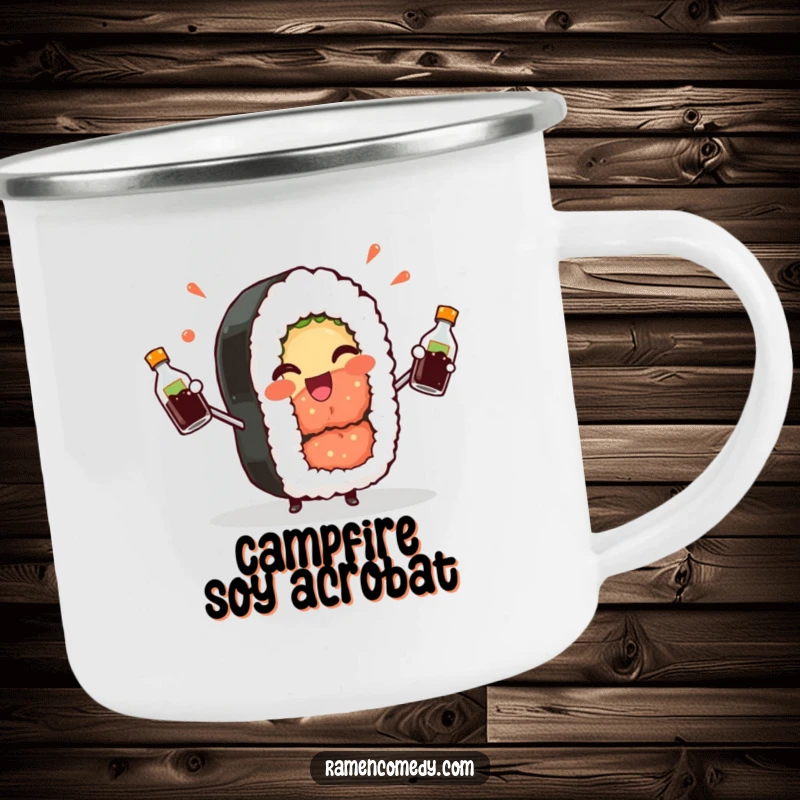 Funny Sushi Roll Camping Mug: A cheerful sushi roll winks playfully while juggling soy sauce, bringing food fun outdoors.