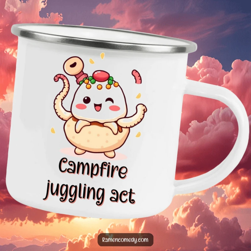 Funny takoyaki camping mug showing a cheerful takoyaki character juggling spinning octopus tentacles, perfect for outdoor use and humor.