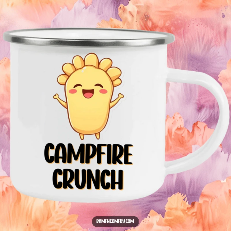 Funny camping mug with a bouncing piece of tempura character with a delighted expression, ideal for outdoor enjoyment.
