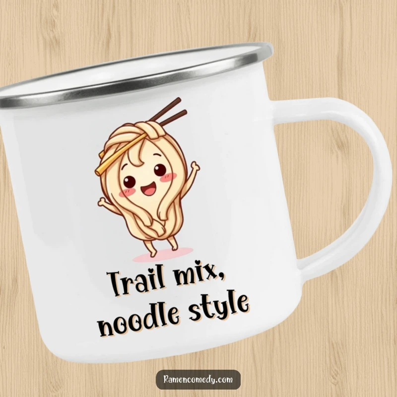 Funny Udon Noodle Camping Mug: A happy udon noodle character dances with chopsticks, bringing food fun to outdoor adventures.