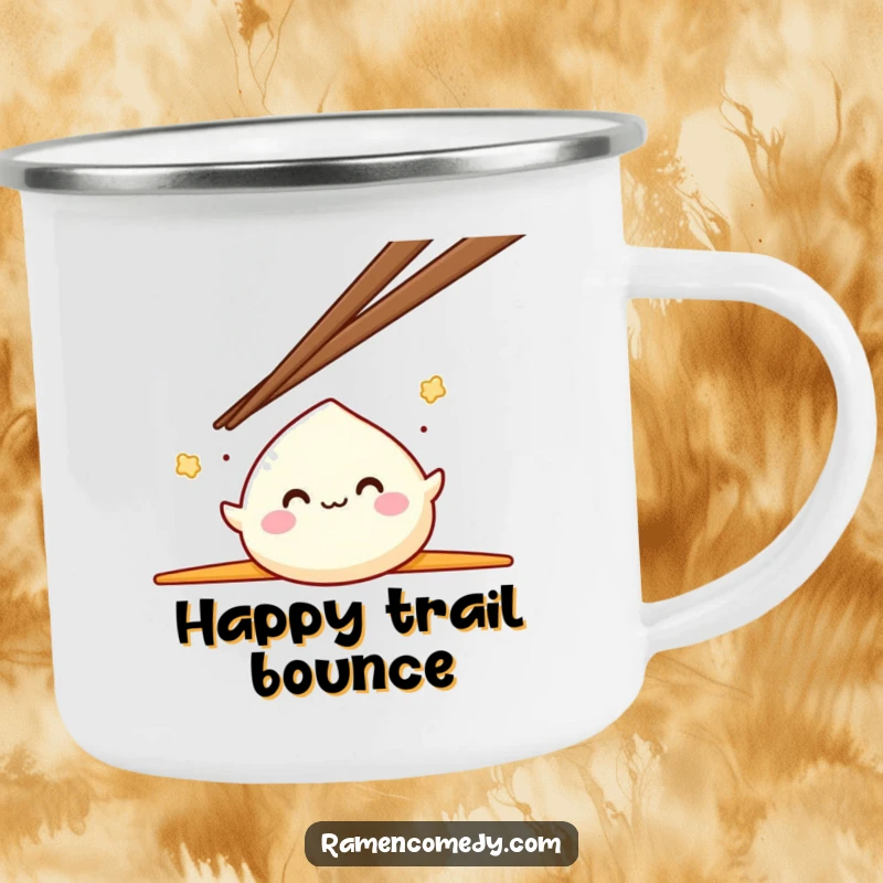Funny Mochi Camping Mug with a smiling mochi character happily bouncing between two oversized chopsticks, perfect for adventure.