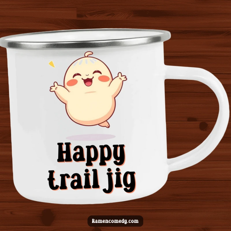 Funny Camping Mug featuring a jubilant dumpling character dancing joyfully, ideal for outdoor enthusiasts who love food and humor.