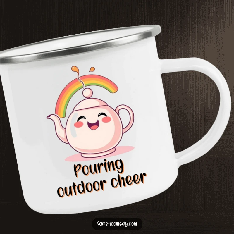Funny Rainbow Tea Camping Mug with a cheerful teapot character comically spouting a vibrant rainbow, perfect for outdoor fun.