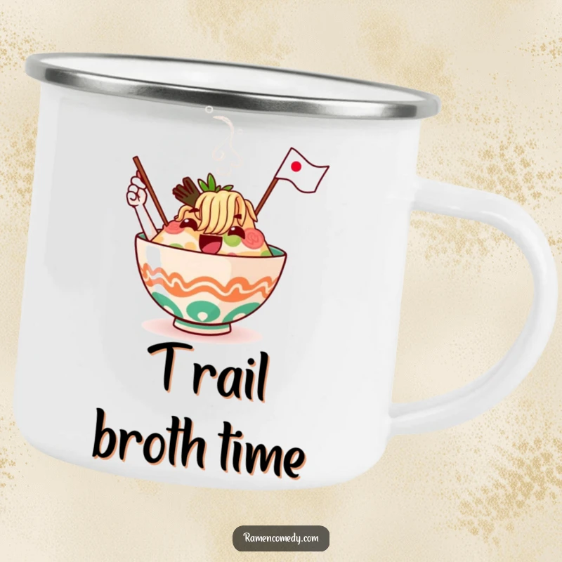 Funny ramen bowl character, steaming and waving a flag, on a durable camping mug, ready for any adventure.