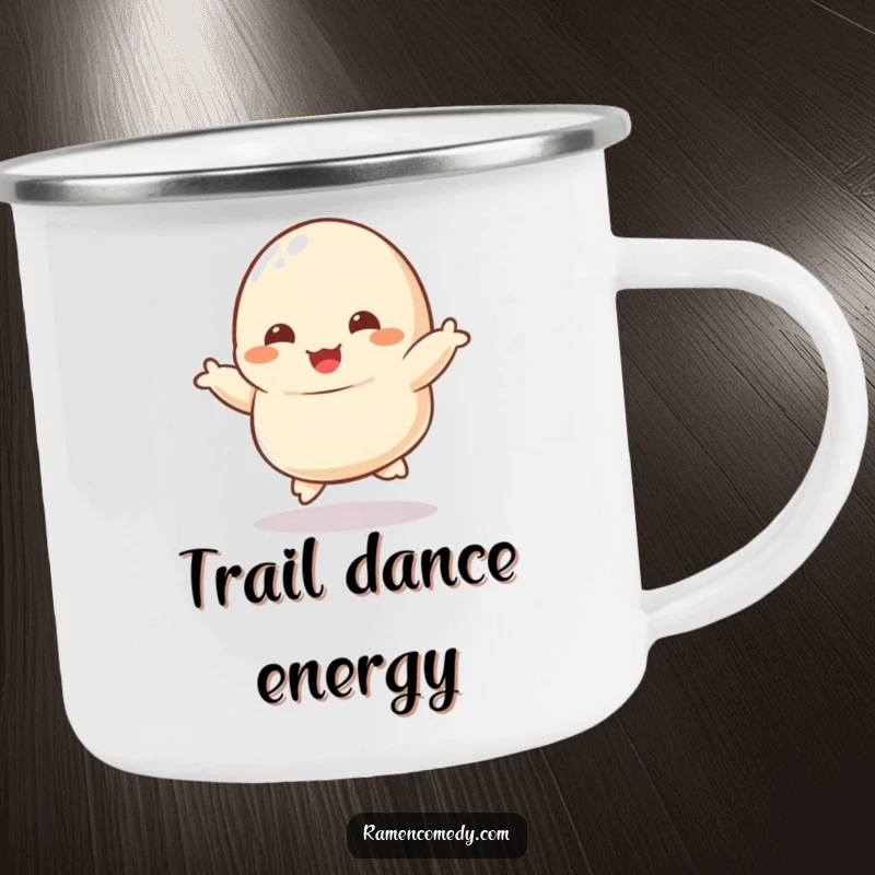 Funny camping mug featuring a dancing dumpling character, tiny feet kicking joyfully, perfect for outdoor enthusiasts.