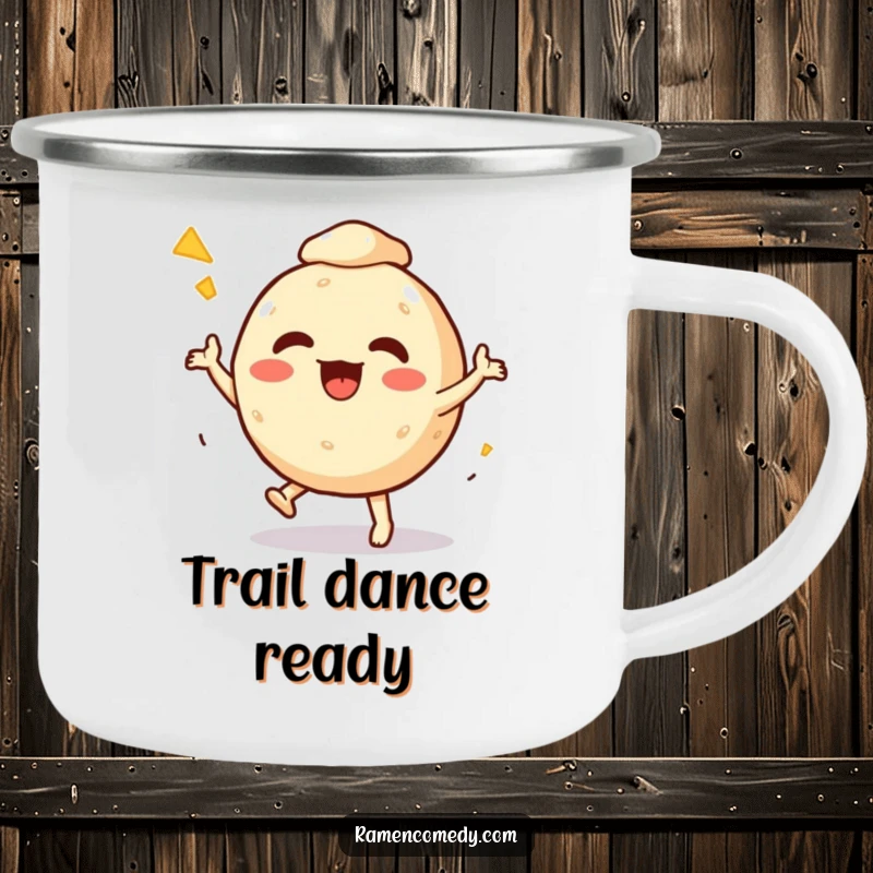 Funny Camping Mug featuring an excited takoyaki ball character in a playful dance, ideal for sipping warm drinks outdoors.