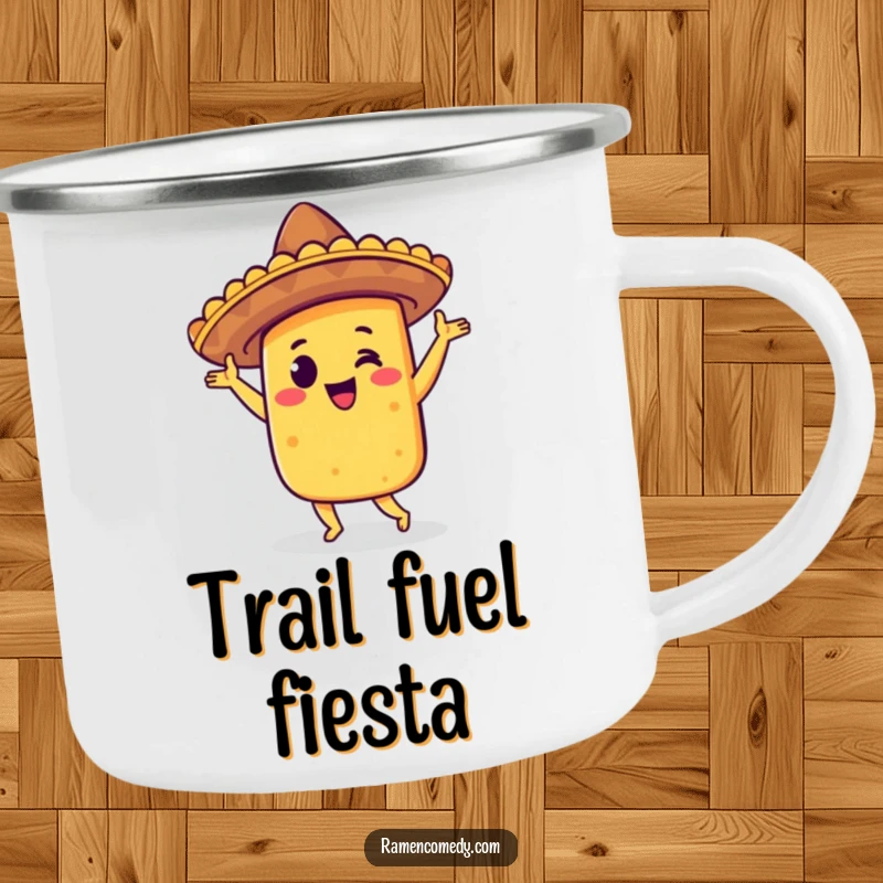 Funny taco jig camping mug with a happy taco wearing a sombrero, doing a lively dance, perfect for outdoor fiesta fun.