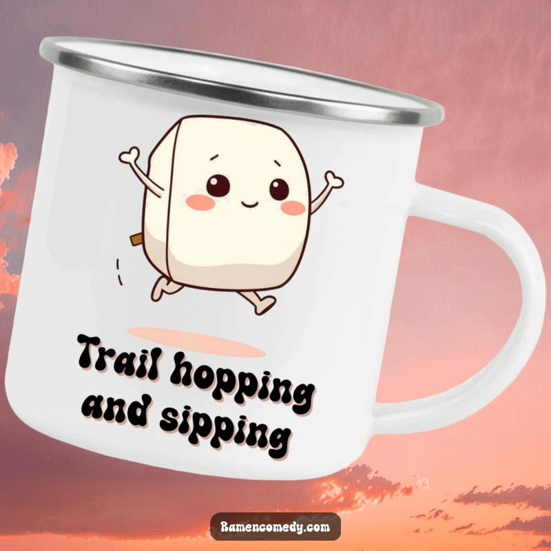 Funny metal camping mug featuring a smiling onigiri character leaping, for adventurous foodies.