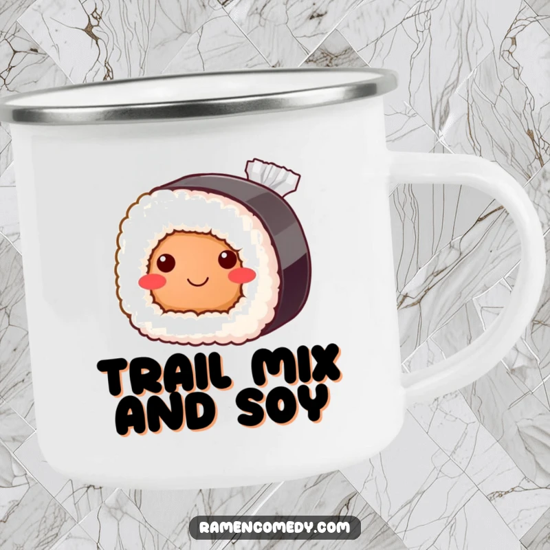 Funny sushi roll camping mug, bashful smile peeking from soy sauce, cute Japanese food enamel mug.