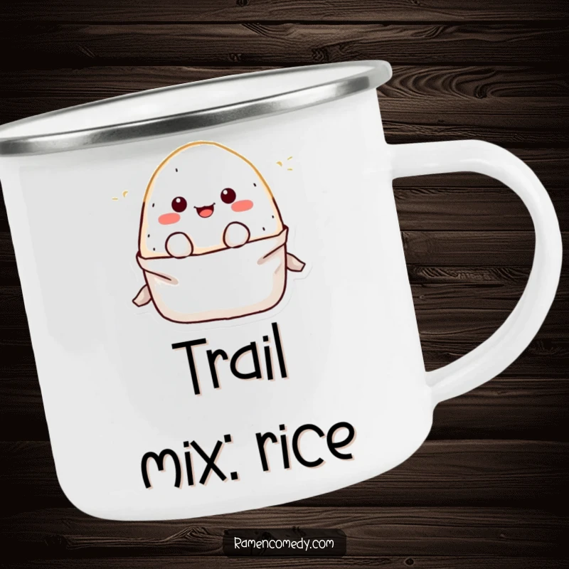 Funny Camping Mug featuring a playful onigiri rice ball character popping out of its wrapper, built for outdoor enjoyment and humor.