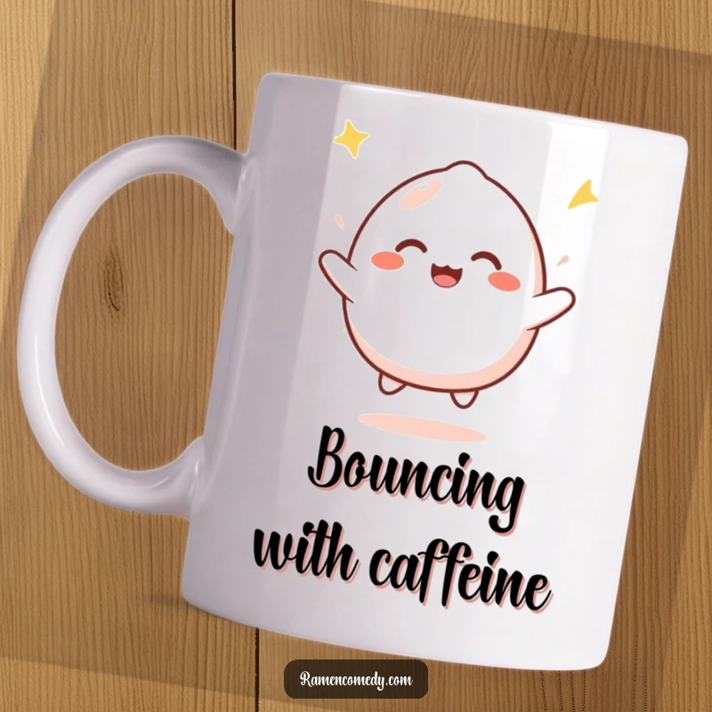 Funny mochi bounce mug featuring a cute, round mochi character joyfully bouncing with infectious happiness, spreading good vibes.