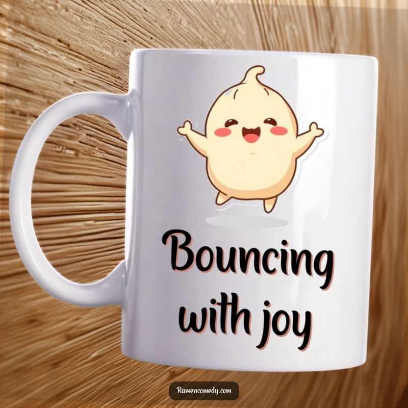 Funny cheerful dumpling character joyfully bouncing. Hilarious food character gift.