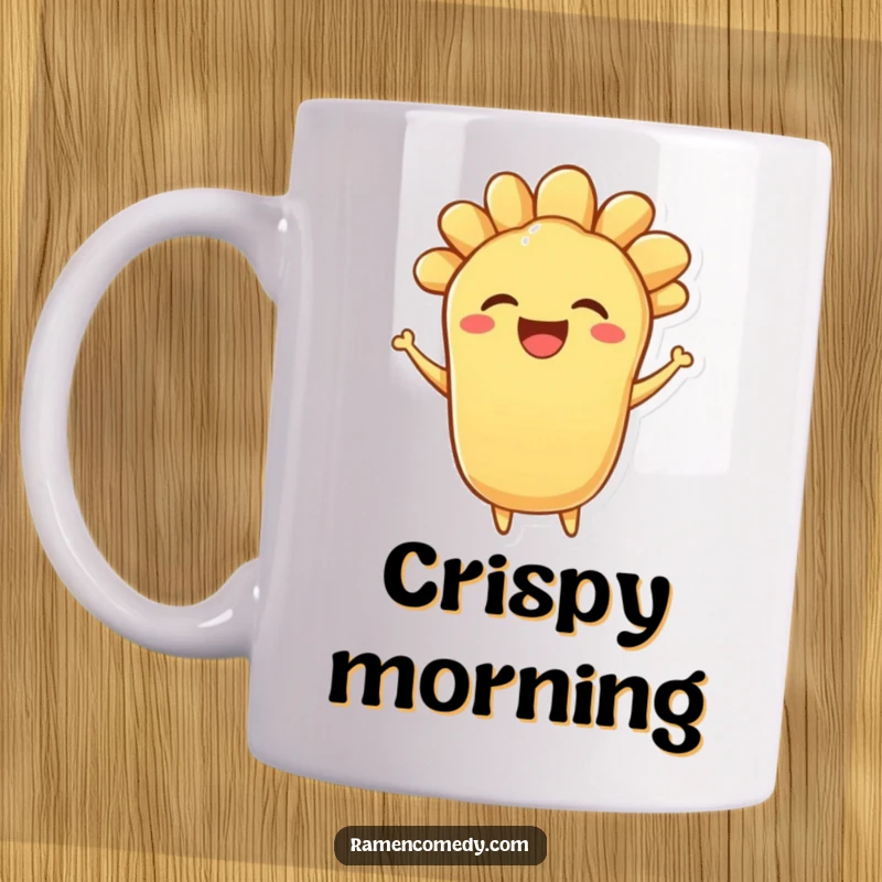 Funny mug featuring a bouncing piece of tempura character with a bright, delighted expression, full of crispy joy.
