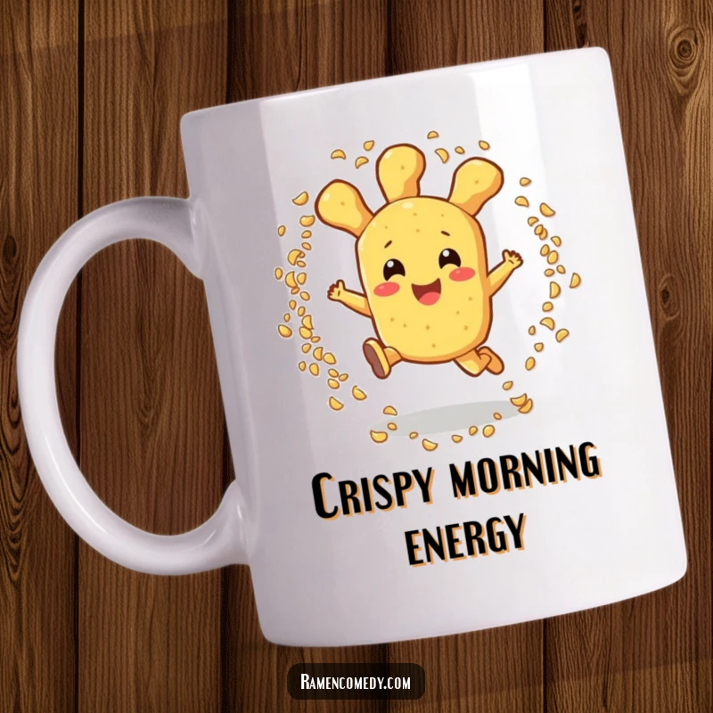 Funny tempura mug featuring a happy tempura character excitedly leaping through a ring of sesame seeds, celebrating food joy.