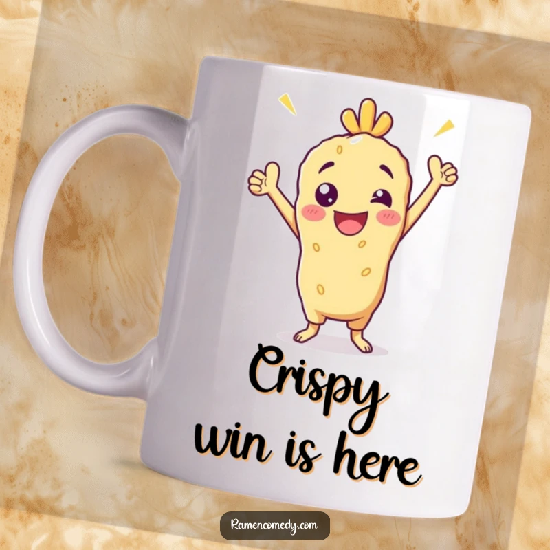 Funny Mug featuring a cheerful tempura character striking a proud, victorious pose, celebrating culinary triumph and fun.