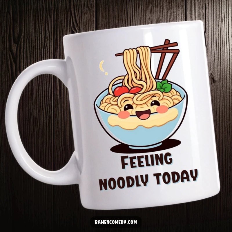 Funny mug showcasing a happy, wiggling bowl of noodles, full of life and ready to bring a smile to your face.