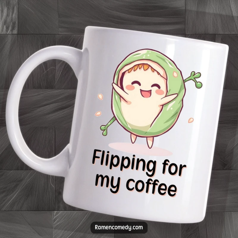 Funny Mug: A smiling seaweed sushi wrap comically does a cartwheel, full of energetic fun.
