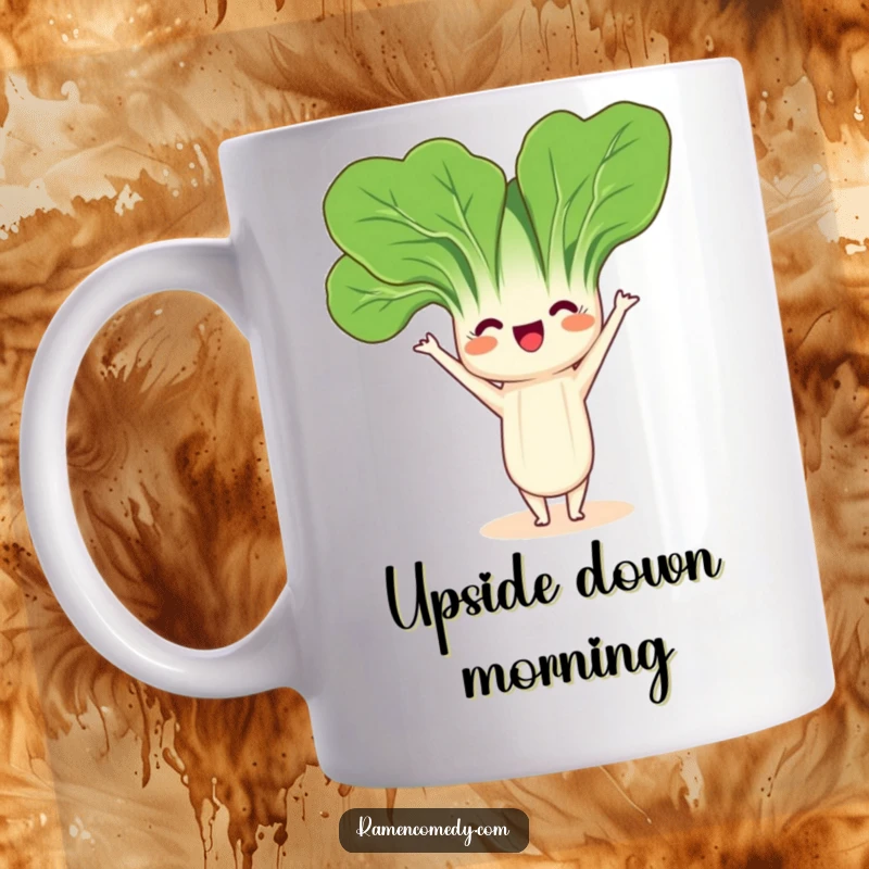 Funny Bok Choy Headstand Mug featuring a friendly bok choy character playfully balancing in a headstand pose, promoting wellness.