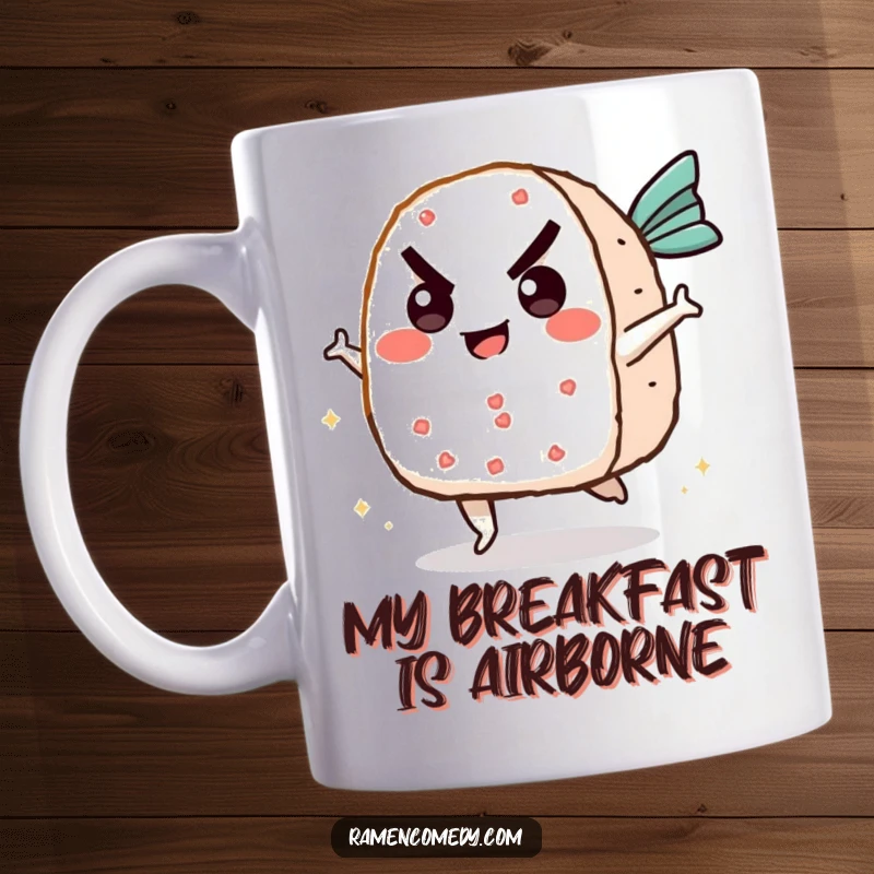 Funny onigiri mug with a determined rice ball character kicking a surprised fish cake mid-air, celebrating a hilarious food fight.