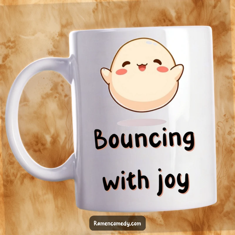 Funny Dumpling Bounce Mug, a cartoonish dumpling happily bouncing like a tiny ball, spreading food cheer.