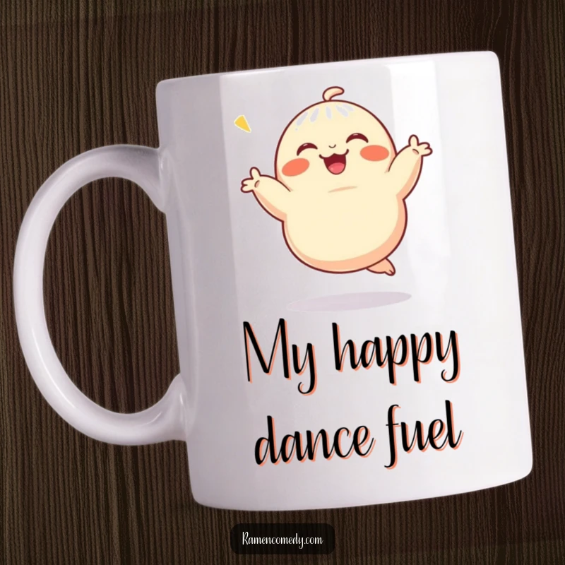 Funny Mug featuring a jubilant dumpling character energetically performing a joyful dance, radiating happiness and foodie charm.